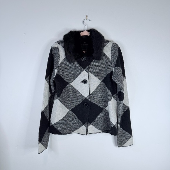 Cynthia Rowley Harlequin Faux Fur Collar Cardigan Size Large - Picture 2 of 8